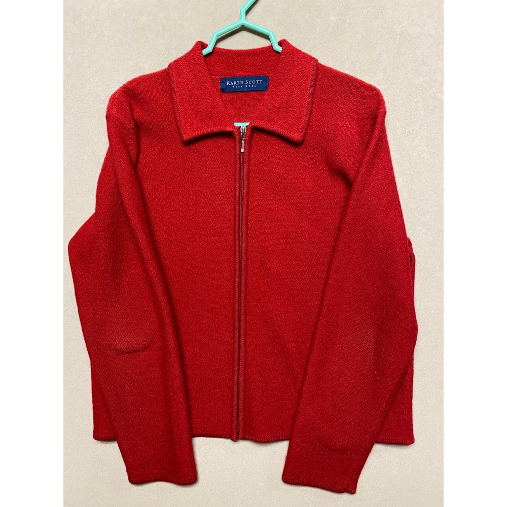 Karen Scott Red Pure Wool Full Zip Cardigan Sweater Womens Large Australia Made